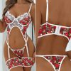 Red Bloom Skull Lace Garter Lingerie Sleepwear Set