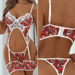 Red Bloom Skull Lace Garter Lingerie Sleepwear Set