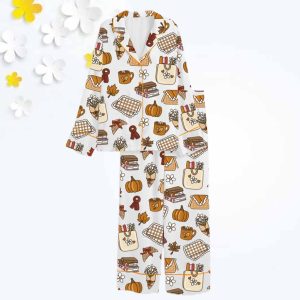 Retro Fall And Halloween Pumpkin Cozy Fall Picnic Reading Books And Coffee Print Satin Pajama Set