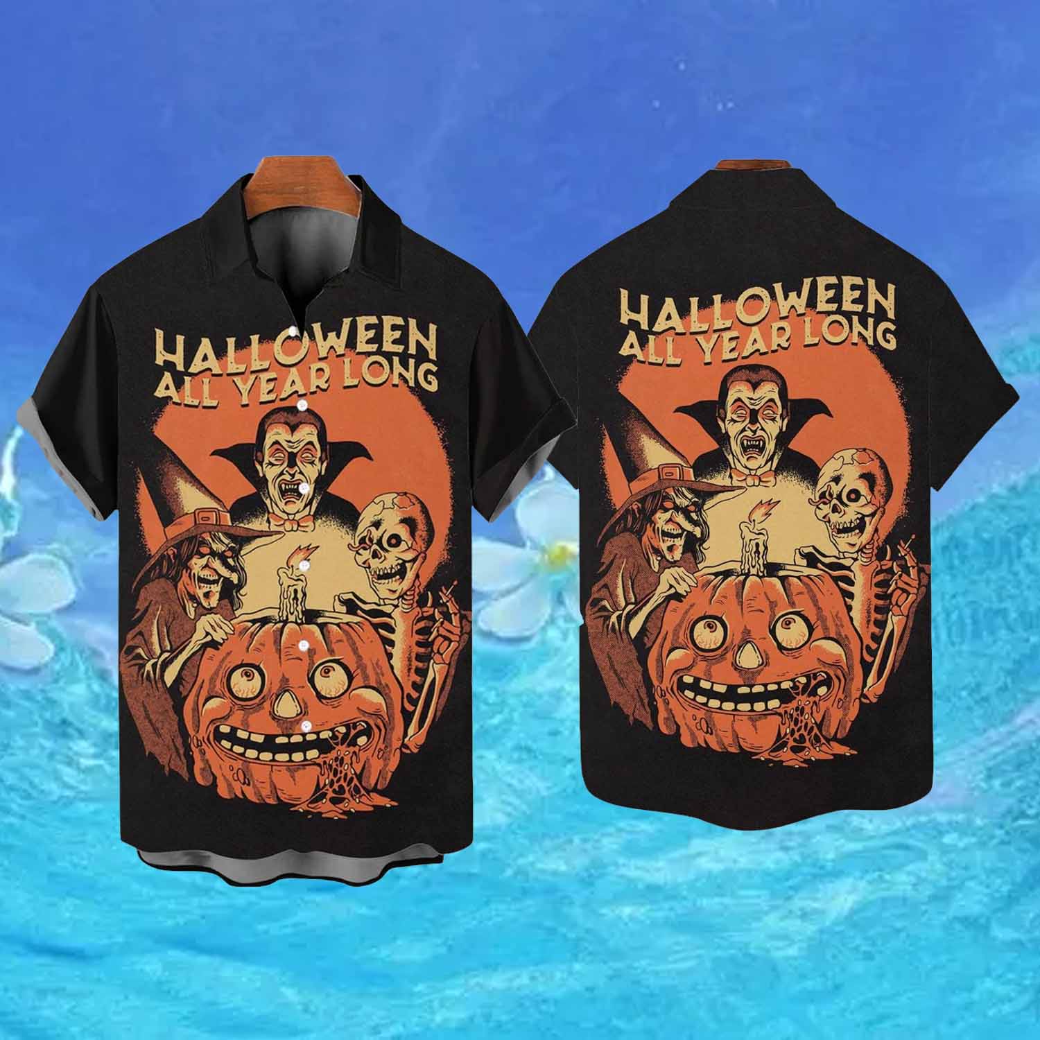 Everyday Is Halloween Vampire Pumpkin Skull Print Hawaiian Shirt Everyday Is Halloween Vampire Pumpkin Skull Print Hawaiian Shirt