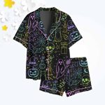 Halloween Neon Cute Boo Ghost Coquette Spooky Season Horror Movie Horror Night Print Satin Pajama Set