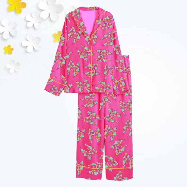 Halloween Neon Ghost Coquette Girly Pastel Pink Ghost Bow Checkered Spooky Season Print Satin Pajama Set