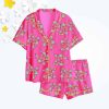Halloween Neon Ghost Coquette Girly Pastel Pink Ghost Bow Checkered Spooky Season Print Satin Pajama Set