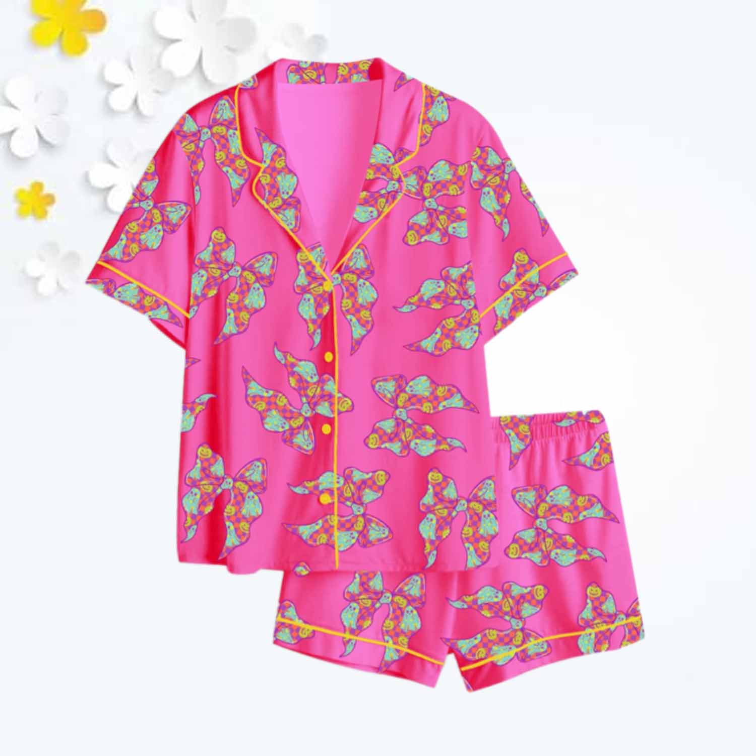 Halloween Neon Ghost Coquette Girly Pastel Pink Ghost Bow Checkered Spooky Season Print Satin Pajama Set Halloween Neon Ghost Coquette Girly Pastel Pink Ghost Bow Checkered Spooky Season Print Satin Pajama Set