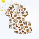 Retro Fall And Halloween Pumpkin Cozy Fall Picnic Reading Books And Coffee Print Satin Pajama Set
