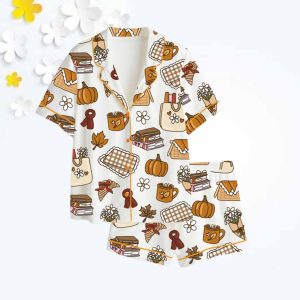 Retro Fall And Halloween Pumpkin Cozy Fall Picnic Reading Books And Coffee Print Satin Pajama Set