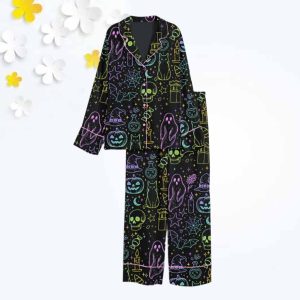 Halloween Neon Cute Boo Ghost Coquette Spooky Season Horror Movie Horror Night Print Satin Pajama Set 1