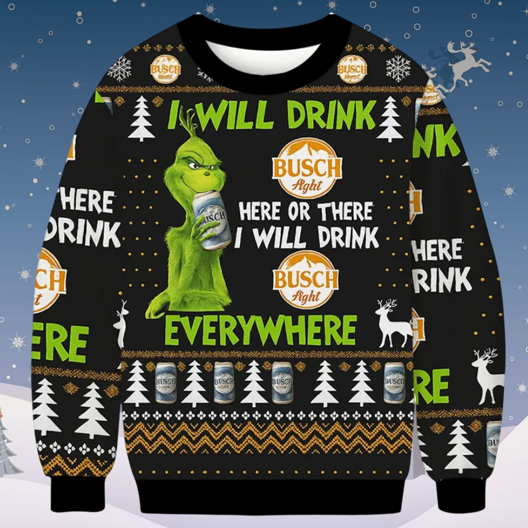 Busch Latte Grnch Will Drink Everywhere Christmas Ugly Sweater 1 Busch Latte Grnch Will Drink Everywhere Christmas Ugly Sweater 1