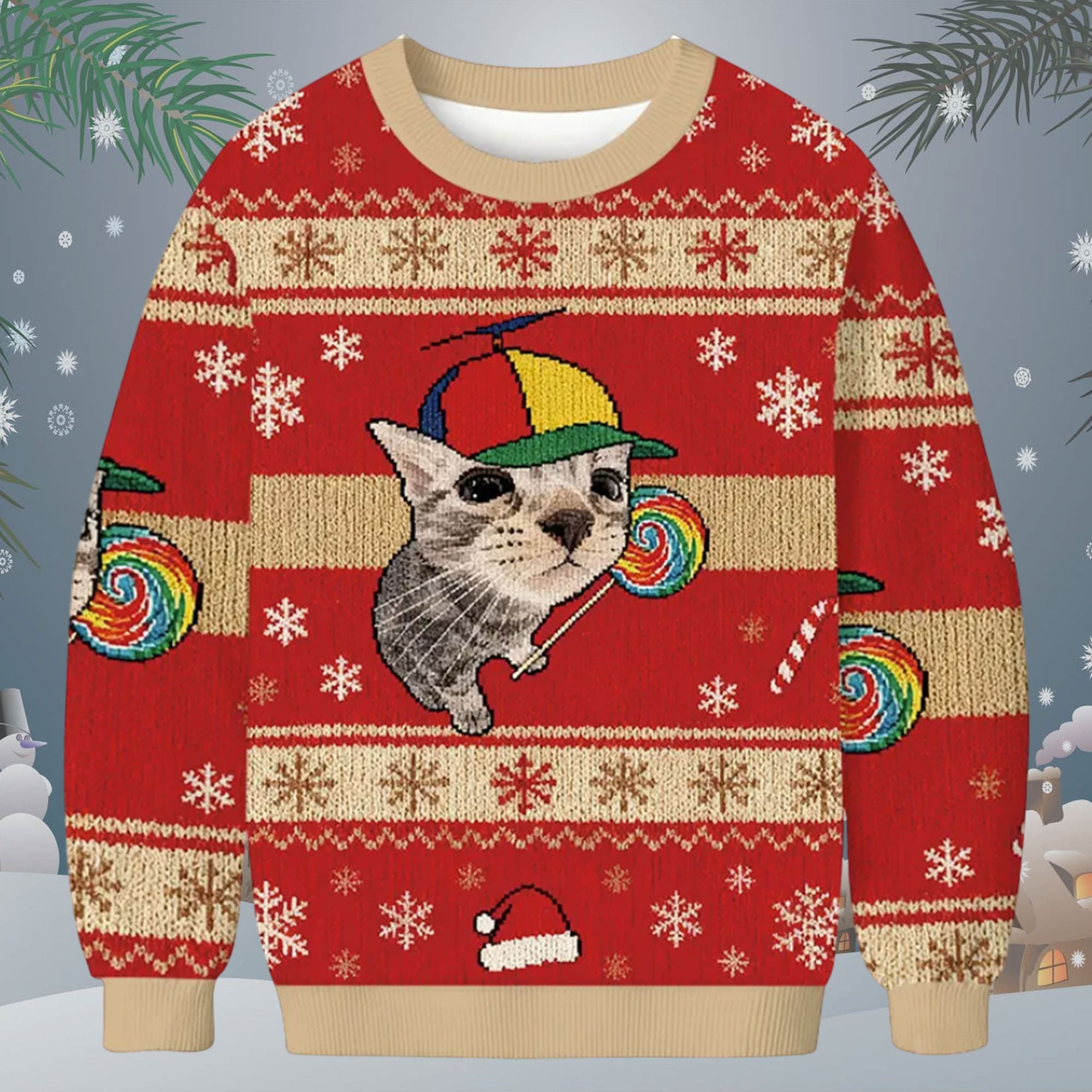 Cat With Lollipop And Hat Christmas Ugly Sweater Cat With Lollipop And Hat Christmas Ugly Sweater