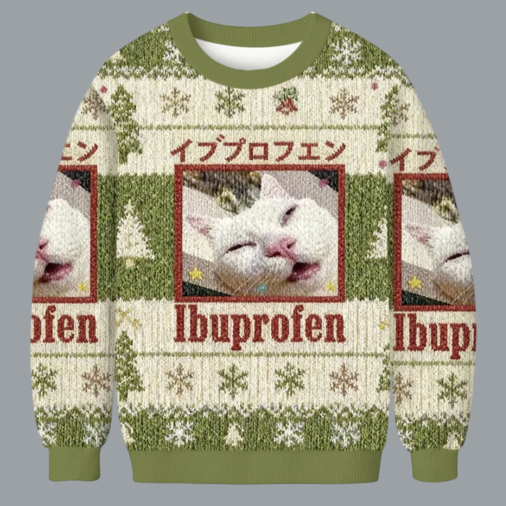 Green Ibuprofen Meme Cat Christmas Ugly Sweater Green Ibuprofen Meme Cat Christmas Ugly Sweater