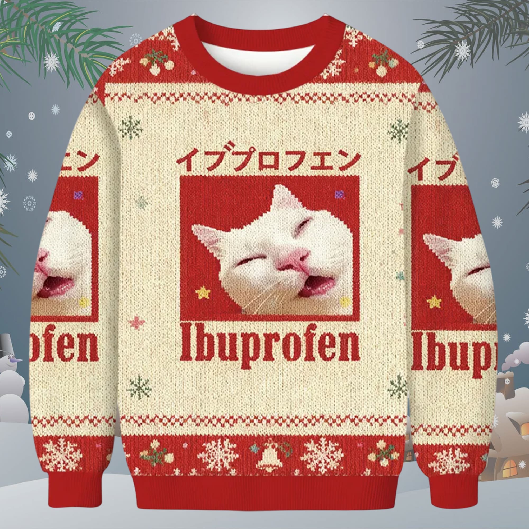 Red Ibuprofen Meme Cat Christmas Ugly Sweater Red Ibuprofen Meme Cat Christmas Ugly Sweater