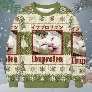 Green Ibuprofen Meme Cat Christmas Ugly Sweater