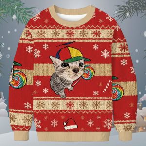 Cat With Lollipop And Hat Christmas Ugly Sweater