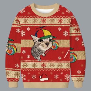 Cat With Lollipop And Hat Christmas Ugly Sweater 1 Cat With Lollipop And Hat Christmas Ugly Sweater