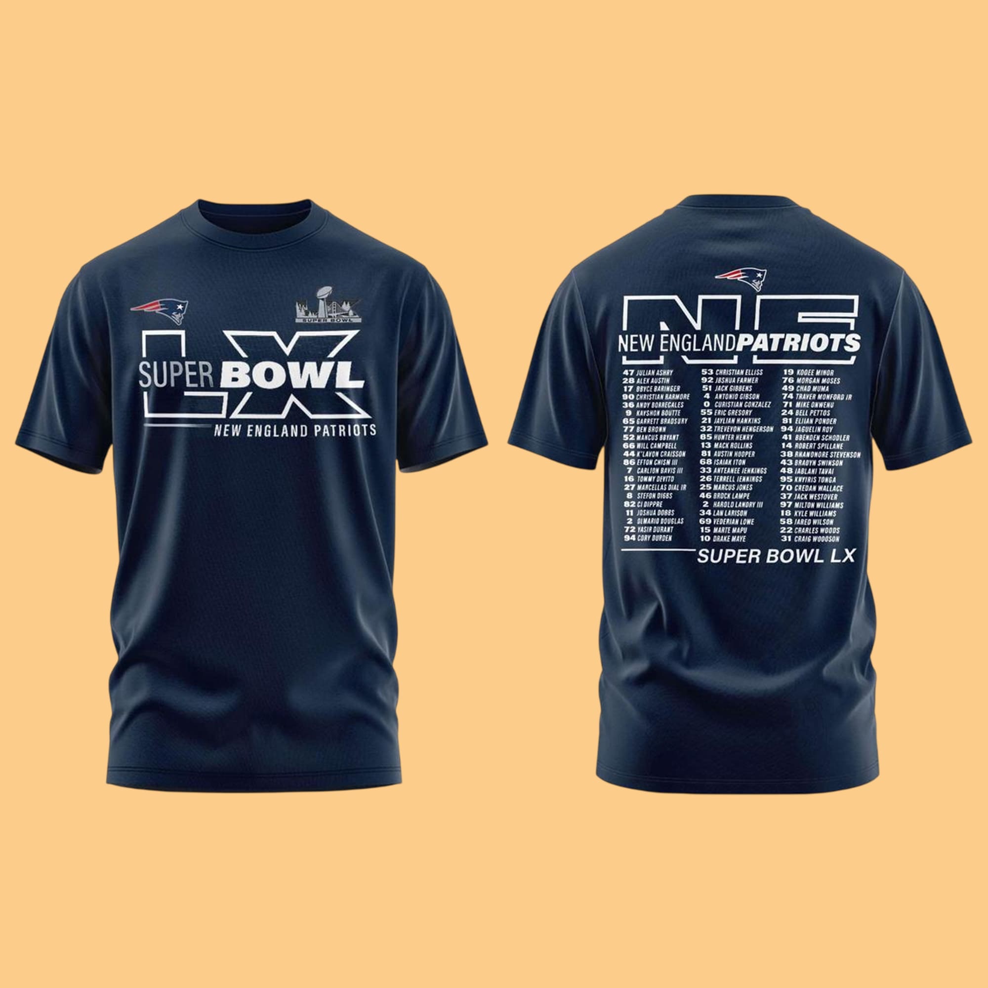 2026 New England Patriots Super Bowl LX Roster Shirt 1 2026 New England Patriots Super Bowl LX Roster Shirt 1