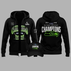 Seattle Seahawks 2026 NFC Champions Super Bowl LX Collection Shirt 2 Seattle Seahawks 2026 NFC Champions Super Bowl LX Collection Zip Hoodie